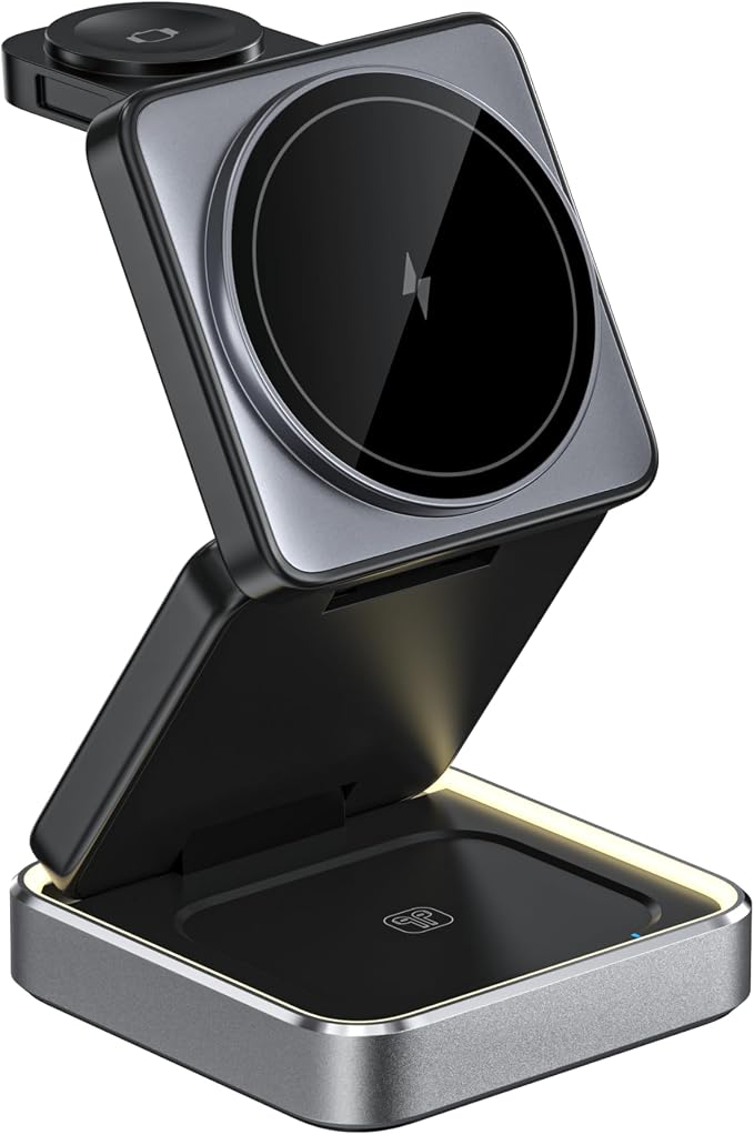 3 in 1 Wireless Charging Station Magnetic Wireless Charger,Portable Foldable Travel Essential with Nightlight Fast Charger Stand for iPhone 17 Pro Max/17 Pro/17Air/17/16/15/14/13,AirPods&Apple Watch