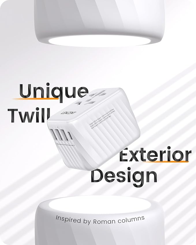 LENCENT Universal Travel Power Adapter, International AC Plug Adaptor with 3 USB A Ports 1 Type C PD Wall Charger Worldwide Travel Essentials for US to EU UK Ireland Australia (Type C/G/A/I) White