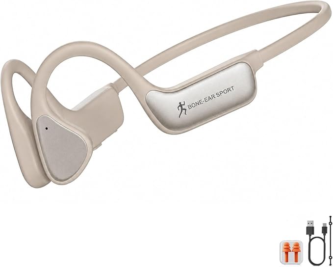 Bone Conduction Headphones, Bluetooth 5.4 Open-Ear Wireless Sports Earphones with Mic, 12H Playtime, IPX6 Sweatproof Premium Headset for Running, Cycling, Workouts (Beige)