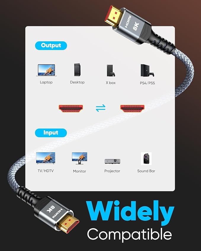 Highwings 8K HDMI Cable Long 2.1 30FT/9M, 48Gbps High Speed HDMI 4K120 144Hz Dynamic HDR 10 eARC HDCP 2.2&2.3 Compatible for PS5, Blu-ray Player and Monitor
