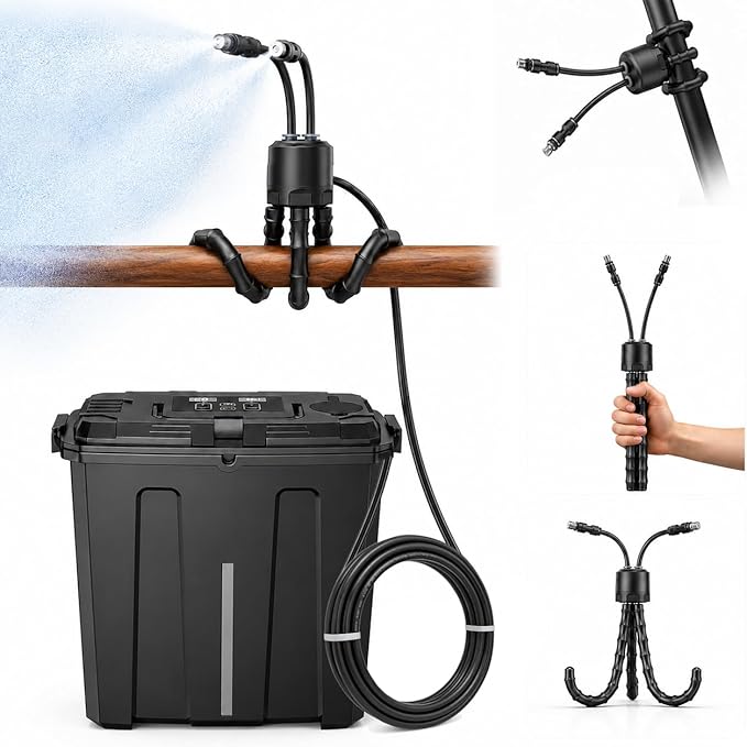 Ausic Portable Misting System, Battery Powered Outdoor Water Mister with 9L Bucket & Rechargeable Pump (Consecutive 8Hrs), Misters for Outside Patio Cooling, for Sports, Camping, Tailgating, Umbrella