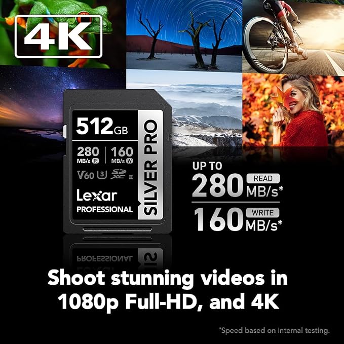 Lexar 512GB Professional SILVER PRO SD Card, UHS-II, C10, U3, V60, Full HD, 4K, Up To 280MB/s Read SDXC Memory Card, for Professional Photographer, Videographer, Enthusiast (LSDSIPR512G-BNNNU)