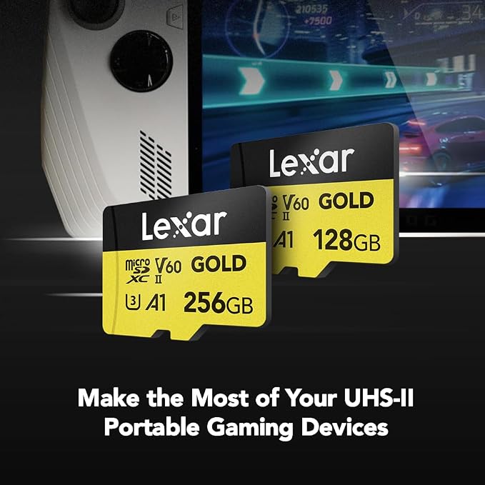 Lexar 128GB Professional Gold Micro SD Card, UHS-II, C10, U3, V60, A1, Full HD, 4K, Up to 280/100 MB/s microSDXC Memory Card, for Drones, Action Cameras, Portable Gaming Devices (LMSGOLD128G-BNNNG)