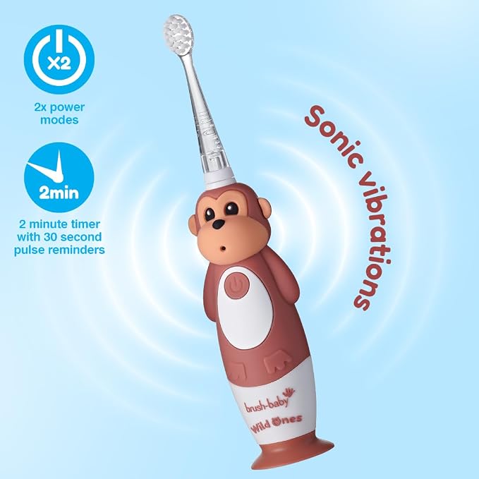 BrushBaby - WildOnes - Kids Rechargeable Electric Toothbrush, Ages 0-10 - Monkey Design with Flashing Lights - DeepClean Bristles for Superior Cleaning - 2 Replacement Brush Heads, 1 USB Cable