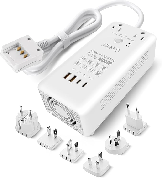 Ceptics Voltage Converter US to Europe, 2000W Pure Sine Wave 220V to 110V, Perfect for Hair Dryer, Straighteners and Curling Iron, 6 in 1 with 2 AC Outlets and 4 USB Ports (PD 45W)