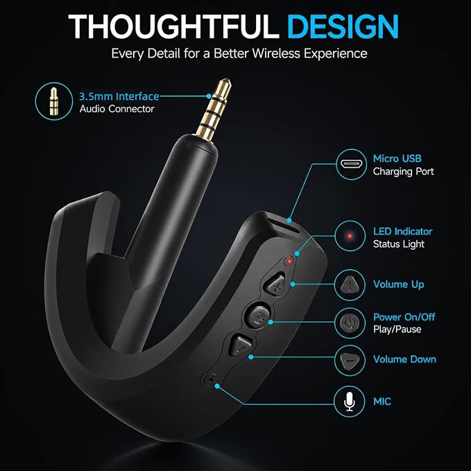 aptX Wireless Bluetooth 5.0 Adapter for Bose QuietComfort QC 15 with Mic/Volume Control, Black