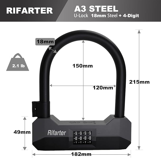 Bike Locks Heavy Duty Anti Theft, 18mm Bike Lock U Lock Combination with 5Ft Steel Cable, 4-Digit Resettable Combo Bike U Lock with Mounting Bracket for Bicycles, Scooter, Moped, Ebikes