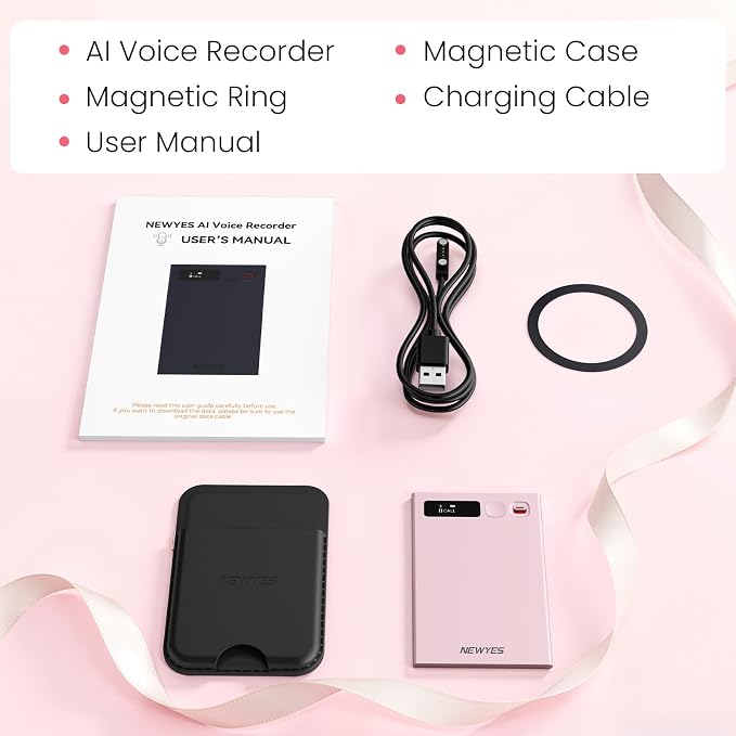 AI Voice Recorder, NEWYES Ailog Smart Digital Audio Recorder Meeting Card, Transcribe & Summarize, Translation, 64GB for Meetings, Conference, Business, Calls, HR Women Secretary(Rose Gold)