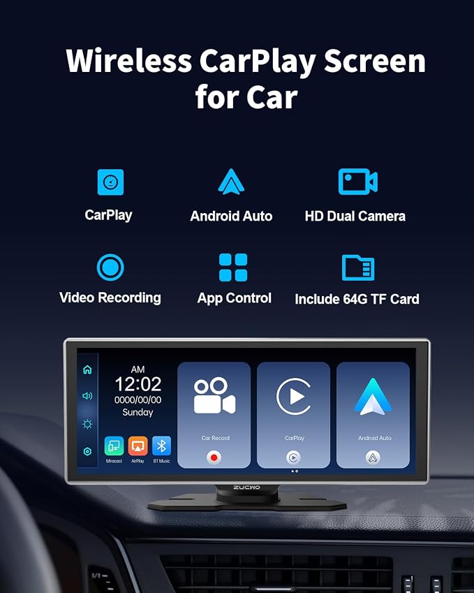 11.26 Inch Wireless CarPlay Screen for Car, Apple CarPlay & Android Auto Touch Screen for Car, Bluetooth, BT Music, Navigation, Car Record for Vehicles (Black)
