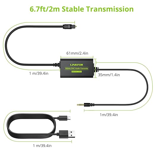 LiNKFOR 192kHz DAC Converter SPDIF to 3.5mm AUX Digital to Analog Audio Converter Optical Toslink to 3.5mm Audio Adapter with Optical Cable for HDTV Blu Ray DVD Amps