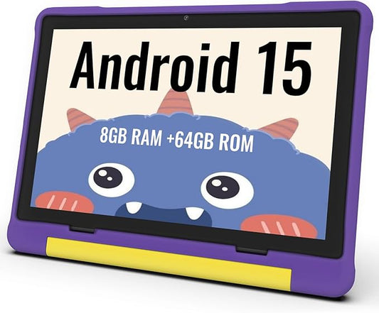 ApoloMedia Kids Tablet, 10.1 Inch HD Android 15, 64GB Storage, 8GB RAM, Eye Protection Mode, 10-Hr Battery, Parental Shockproof Case - Tablet for Kids (Purple)