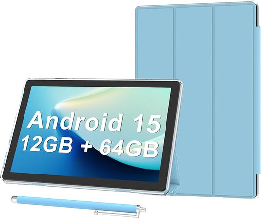 Android 15 Tablet 10 inch Tablets with Case, 12GB RAM + 64GB ROM (Expand to 1TB), Quad Core Processor Tablets, 5G WiFi 6, BT5.0, 1280x800 HD Screen, 6000mAh, Dual Camera, GMS, Widevine L1, Blue
