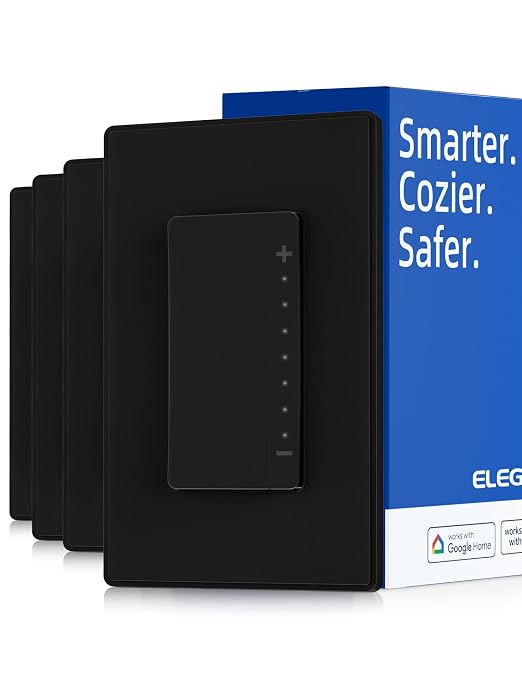 ELEGRP Single Pole Smart Dimmer Light Switch DPR10, 2.4GHz Wi-Fi Dimmer Switch Compatible with Alexa and Google Assistant, Needs Neutral Wire, No Hub Required, UL Listed, Matte Black, 4 Pack