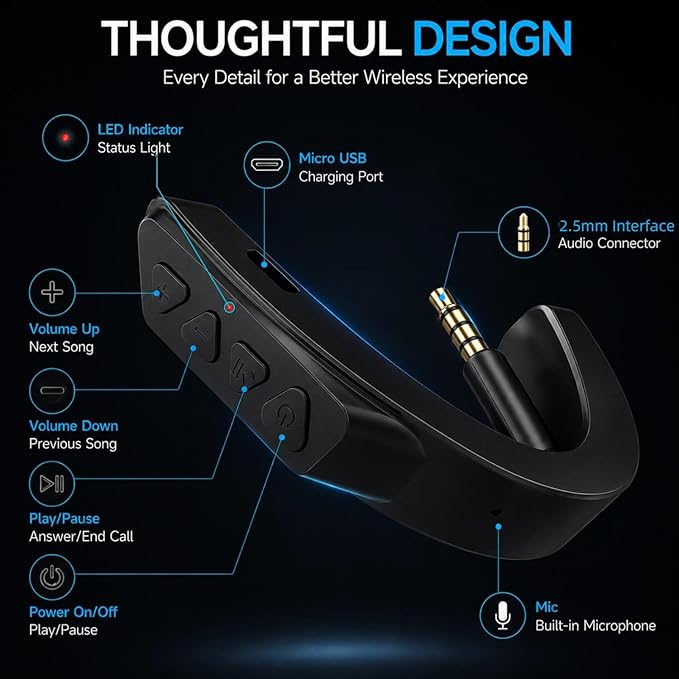 Upgraded aptX Wireless Bluetooth Adapter for Bose QuietComfort 25 QC 25Headphones with Mic/Volume Control, Black