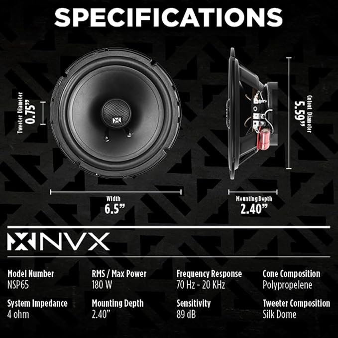 NVX NSP65 6.5" Car Speakers, 540W Max, 180W RMS, 2-Way Coaxial w/Silk Dome Tweeters & Built-in X-Overs, Easy to Install in Cars/Trucks/Doors (Pair)