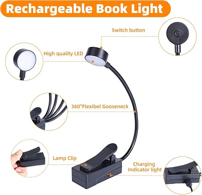 KunHe 30 Pack Rechargeable Book Light Bulk Clip-On Reading Lights for Books in Bed Long-Lasting 3 Modes & 3 Brightness Levels Compact USB Charging Mini Booklights for Kids Book Lovers Bulk Gifts