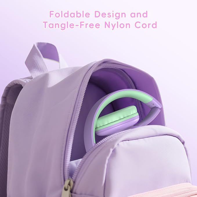 Candy Bila Kids Bluetooth 6.0 Headphones with LED Light, 85Hours Playtimes, Type-C Fast Charging, 85/94dB Volume Limited, Comfort Headphones with Built-in Mic, Wired & TF Card Mode,Green and Purple
