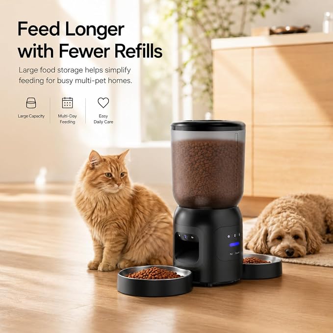Smart Pet Feeder with Dual 2K Camera & AI Recognition, Dual Bowl Automatic Cat Feeder for Two Cats & Dogs, 6L WiFi Pet Feeder with App Control, 2-Way Audio, Motion Tracking, Anti-Clog Design