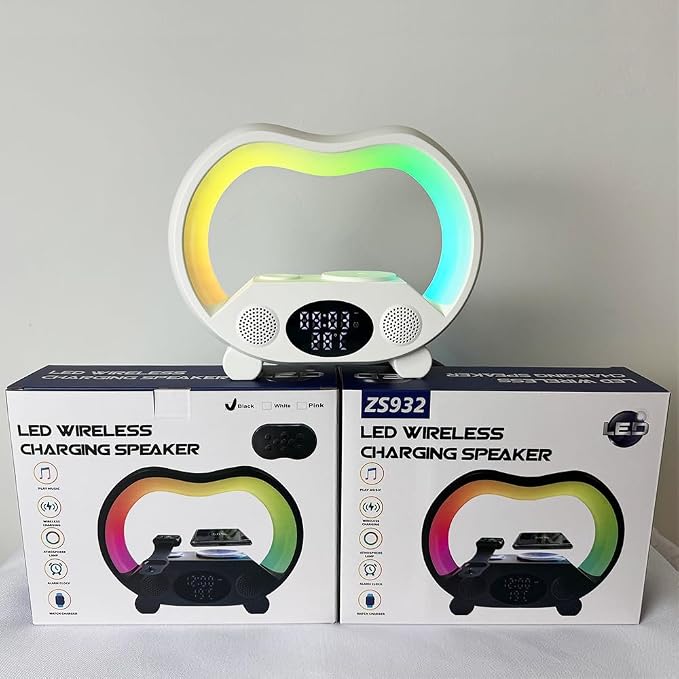 IHAO 6in1 Wireless Charging Station with Bluetooth Speaker Time&Temperature Display Alarm Clock 7-Color LED Night Lights Fast Charger for Phone, Apple Watch, Earbuds Remote Control Auto Shutoff-White