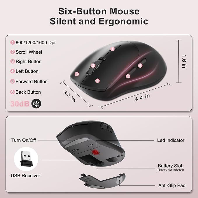 Wireless Keyboard and Mouse Combo, 2.4G Full Size Wave Keys Ergonomic Keyboard with Wrist Rest, Phone Holder, 3-Level DPI Wireless Silent Mouse with 6-Buttons, for Windows (Pink)