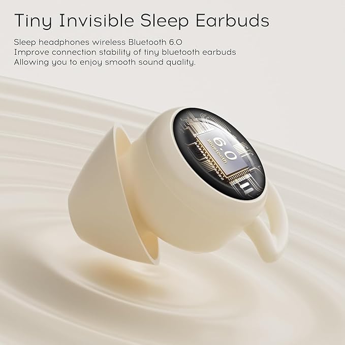 Sleep Earbuds Bluetooth 6.0, Mini Invisible Silicone Sleep Earbuds for Side Sleepers, Noise Blocking Sleeping Headphones, Hidden Earbuds with LED Display for Small Ears, Sleep & Relax（Beige）