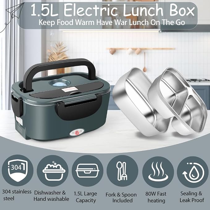 Electric Lunch Box for Adults - 1.5L Single/Double Layer Stainless Steel Food Warmer - 80W Fast PTC Heated Lunchbox, 12V/24V/110V Portable Food Heater for Car&Truck, Office, Camping, Travel(Gray)
