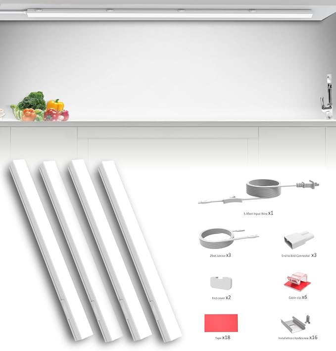 Leetdud Under Cabinet Lighting Plug in, 32 Inch 4 Pcs, Linkable AC120V 3CCT 3000K/4000K/5000K Ultra Slim, LED Under Cabinet Lights for Counter Light, Kitchen, Shelf, Sink, Workshop, Desk, White