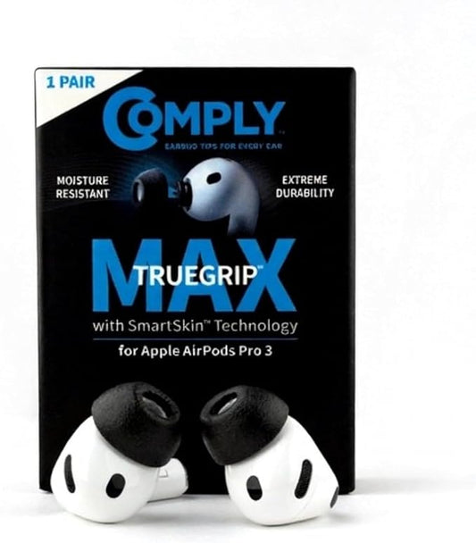 Comply TrueGrip MAX | Premium Memory Foam Replacement Earbud Tips for Apple AirPods Pro Gen 3 | Long Lasting Comfort, MAX Durability, Secure Fit, Superior Noise Isolation| Black (Medium) (1 Pair)