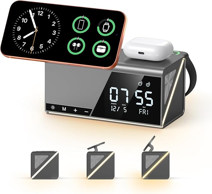 4URPC 6-in-1 Alarm Clock Wireless Charging Station for Apple Devices,MagSafe Charging Dock for iPhone 17/16/15/14/13 Series, Apple Watch, AirPods,Wireless Charger with Night Light/Alarm Clock