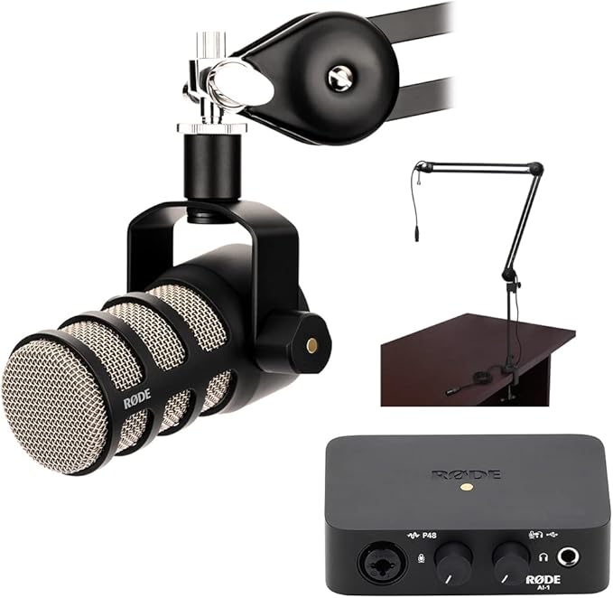 Rode PodMic Dynamic Podcasting Microphone Bundle AI-1 Studio-Quality USB Audio Interface and Auray BAI-2X Two-Section Broadcast Arm