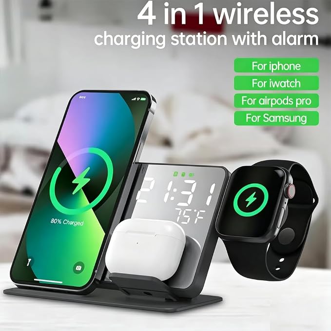 IHAO 4in1 Multifunctional Alarm Clock with Magnetic Wireless Charging15W Fast Charge for Qi Phone, Earbuds, iWatch LED Display as Mirror Show Temperature, USB Port, Smart Bedside Organizer-W669 Black