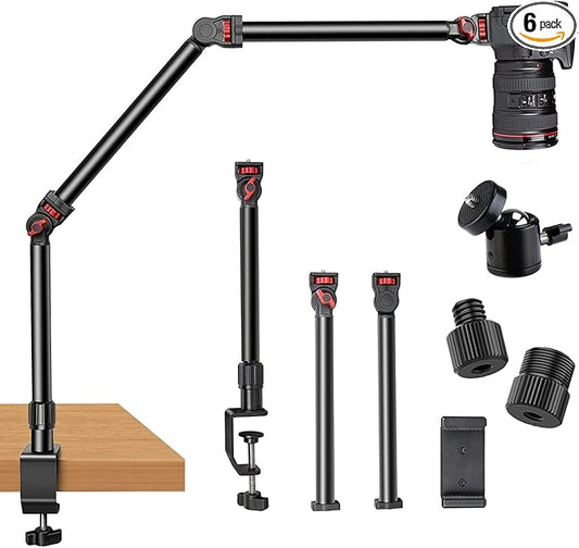Overhead Camera Mount Desk Stand, 3-Section Flexible Detachable Articulating Arm with 1/4“ 3/8" 5/8" Screw&360° Ball Head, C-clamp Tabletop Mount for DSLR Camera/Webcam/Microphone/Lights