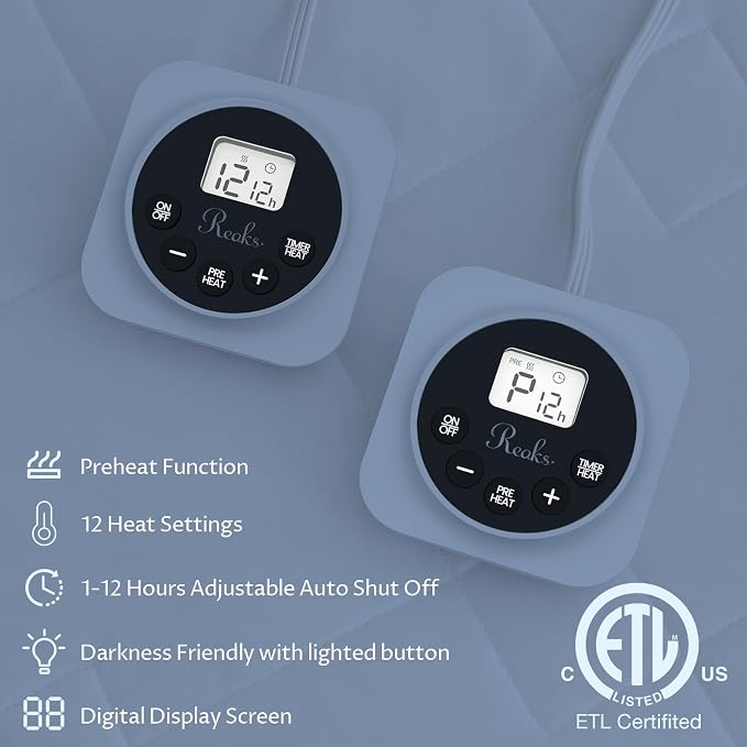 King Size Electric Heated Mattress Pad - Quilted Bed Warmer with Memory & Preheat Functions, 12 Heat Settings Dual Control for 1-12 Hours Auto Off, Lighted Button