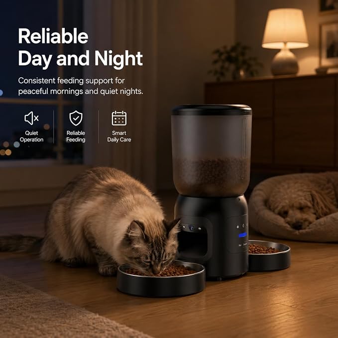Smart Pet Feeder with Dual 2K Camera & AI Recognition, Dual Bowl Automatic Cat Feeder for Two Cats & Dogs, 6L WiFi Pet Feeder with App Control, 2-Way Audio, Motion Tracking, Anti-Clog Design