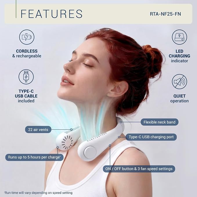 Rechargeable Neck Fan - Portable Bladeless Personal Cooling Fan, Hands-Free Wearable Fan with 3 Speeds, USB-C Rechargeable Lightweight Fan for Travel Outdoor Work Office, White