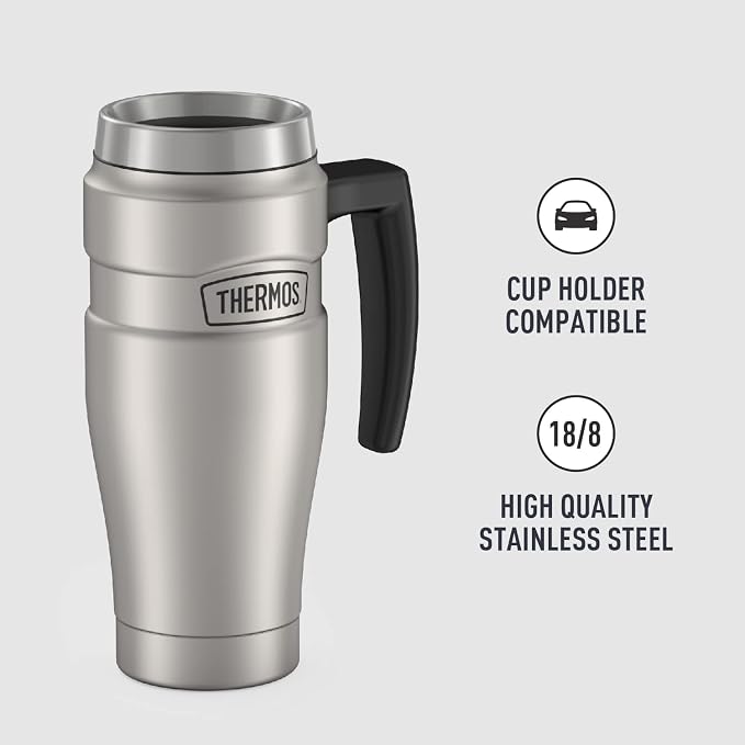 THERMOS Stainless King Vacuum-Insulated Travel Mug with Handle-16oz,Matte Steel-Thermos Tumbler for Hot&Cold Drinks-Leak-Proof&Sweat-Proof Stainless Steel Coffee Mug with Lid for Commuting,(Pack of 4)