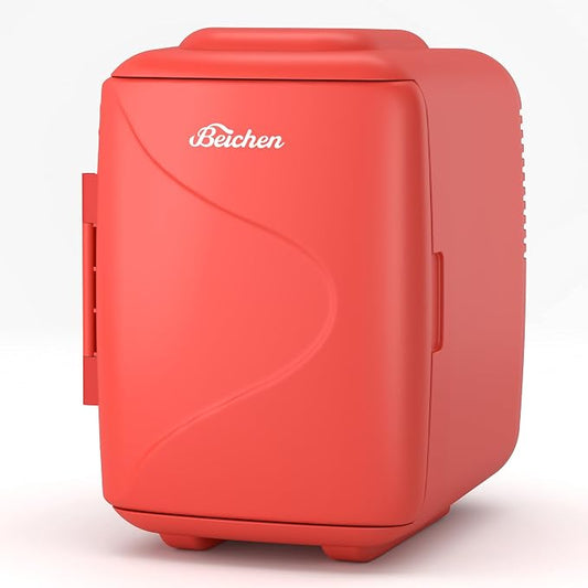 BEICHEN Mini Fridge [Upgrade], Small Fridge Rapid Cooling 4 Liter/6 Cans Skincare Fridge, Cooler and Warmer Refrigerators for Bedroom, Cosmetics, Office and Car (Red)