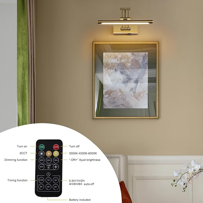 Battery Operated Picture Light with Remote,Wireless Gallery Lights Brass 12in Rechargeable Display Light with Flexible Swing Arm,Dimmable Wall Sconce for Artwork on Wall