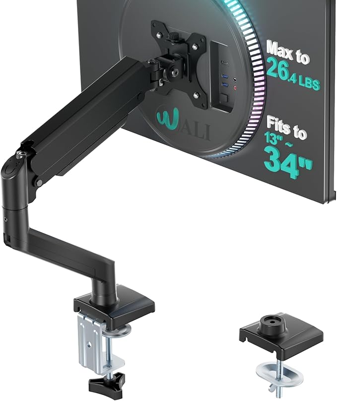WALI Single Monitor Mount for 13-34 inch Screens, Adjustable Single Monitors Arm, Regular Screen up to 32 inch, 26.4lbs, Computer Monitor Stand for Desk, VESA 75/100mm (GSMP001N), Black