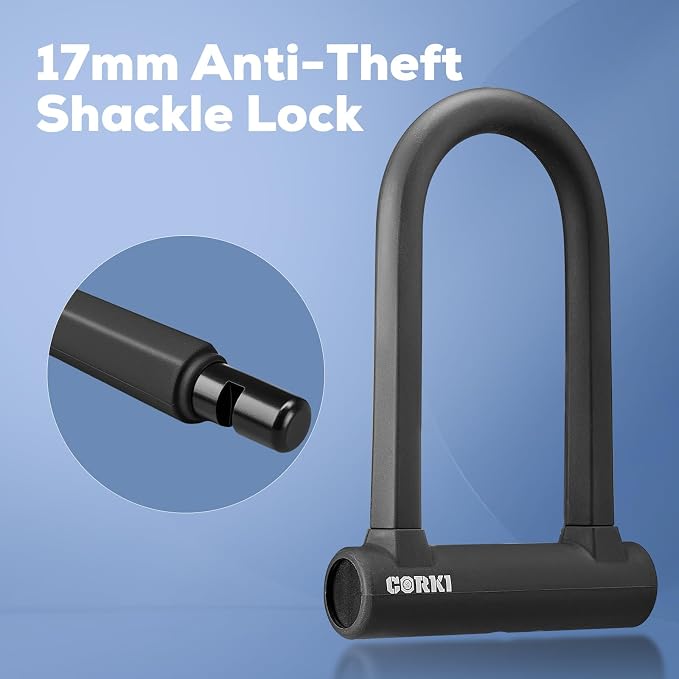 Corki Bike Lock Heavy Duty Anti Theft with 5ft Cable Bicycle U Lock | 17mm Shackle, Hardened Steel, Soft Silicone Outside, Keys and Mounting Bracket Included, For Ebike Scooter Motorcycles