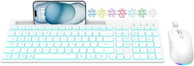 Wireless Keyboard and Mouse Combo, 7 Backlit Effects, Light Up Letters, Rechargeable, Phone Holder, 6 Button Mouse, Ergonomic Tilt Angle, 2.4GHz Silent USB Keyboard Mouse for Laptop, PC