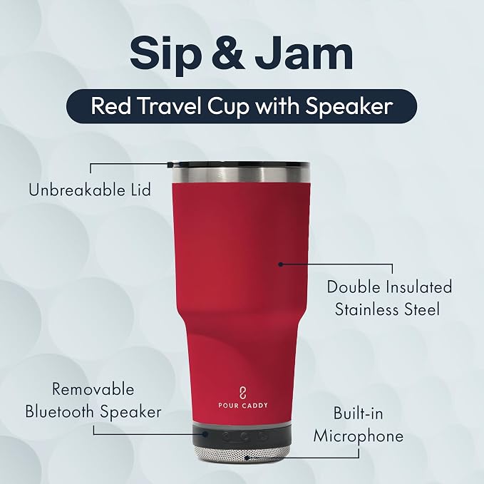Vibe Tumbler with Bluetooth Speaker, Insulated Stainless Steel Travel Cup with Lid, Hot and Cold Drink Cup, Removable Speaker with Microphone, Portable Music Tumbler, 28 oz, Red
