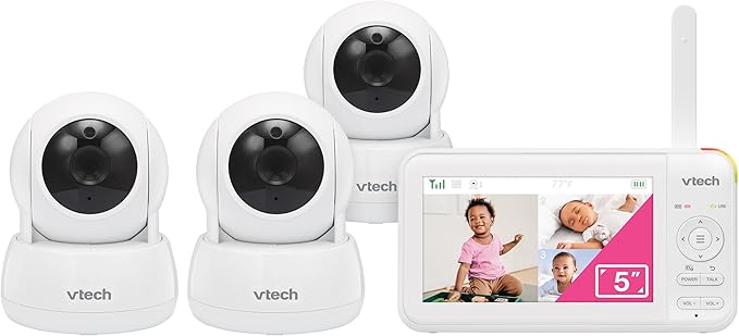 VTech Baby Monitor No WiFi, 3 Cameras White – Monitor Three Rooms, Remote Pan-Tilt-Zoom, Hack-Proof, 5" Screen, 17Hr Battery, 1000ft Range, Night Vision, Temperature Sensor | 924-3W