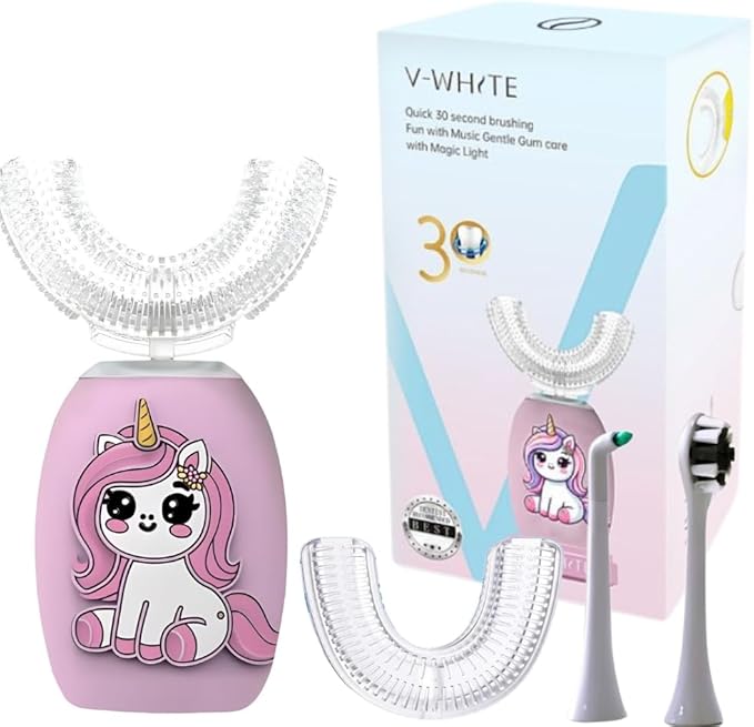 V-WHITE Kids Auto Brush Ultrasonic U-Shaped Toothbrush – 360° Teeth Cleaning, Hands-Free Electric Autobrush for Kids – Gum Protection, Waterproof IPX7, Wireless Charging (Pink)