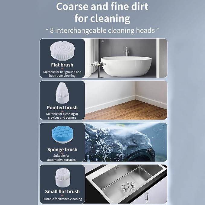 Electric Spin Scrubber, 360 Degrees 3 Speeds Power Cordless Shower Scrubber with 8 Replaceable Brush Heads and Adjustable Extension Arm for Bathroom Floor Shower Bathtub Glass
