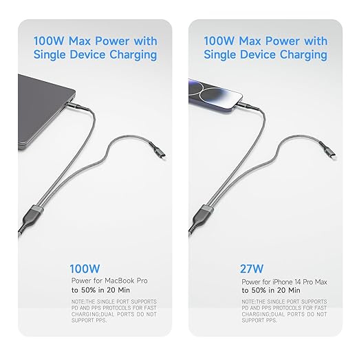 2 in 1 USB C to USB C/Lightning Cable 100W Max 6FT 1Pack,Multi Cable Simultaneous Fast Charging Compatible with MacBook Air/Pro/iPad/iPhone 17/16/15/14/13/12/11 Series,Galaxy S26/S25/24 Series/Pixel