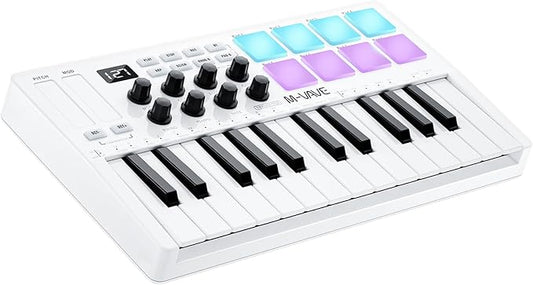 25 Key USB MIDI Keyboard Controller With 8 Backlit Drum Pads, Bluetooth Semi Weighted Professional dynamic keybed 8 Knobs and Music Production,Software Included (White)