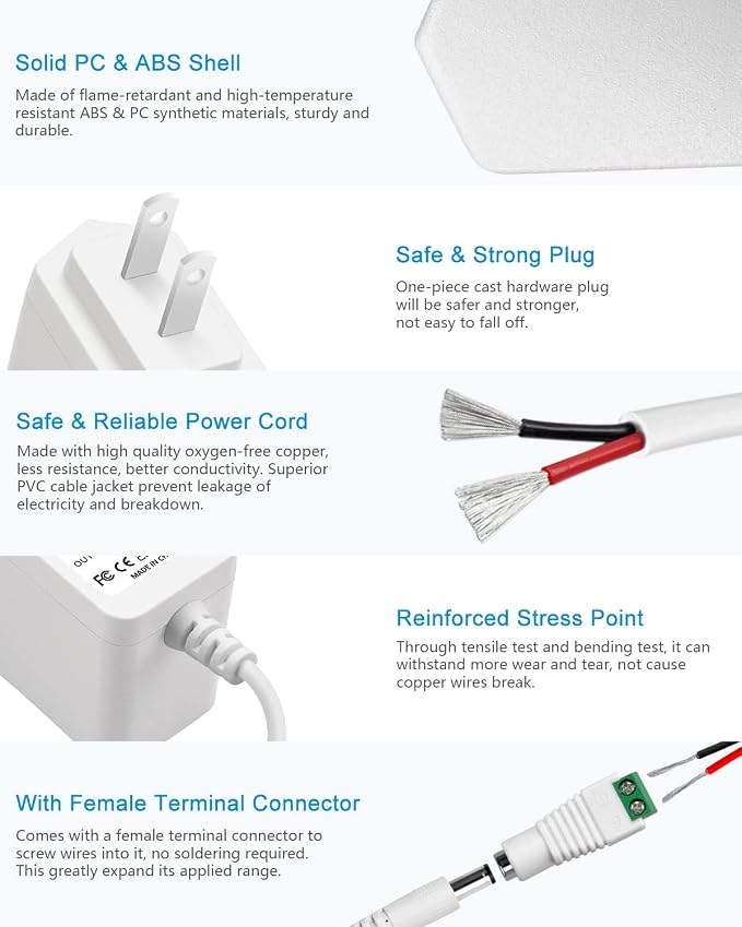 ALITOVE 12V 1A Power Supply DC 12 Volt Power Adapter 12V 1000mA 600mA 800mA 12W AC/DC Adapter 100V~240V AC to DC 12V Power Cord with 5.5x2.5mm Tip for Router LED Strip Security Camera System, White