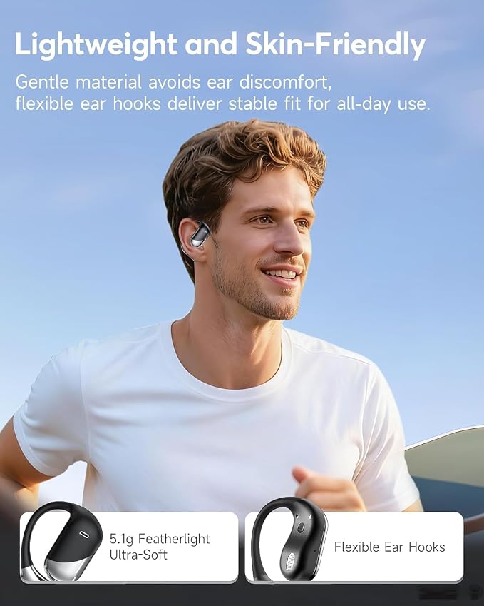 Paekole Ultra Open Ear Earbuds, Bone Conduction Headphones with Soft Earhook, Over the Ear Bluetooth Headphones 6.1 with Digital Display,60H Playtime,IP55 Waterproof, Comfort for Cycling,Running