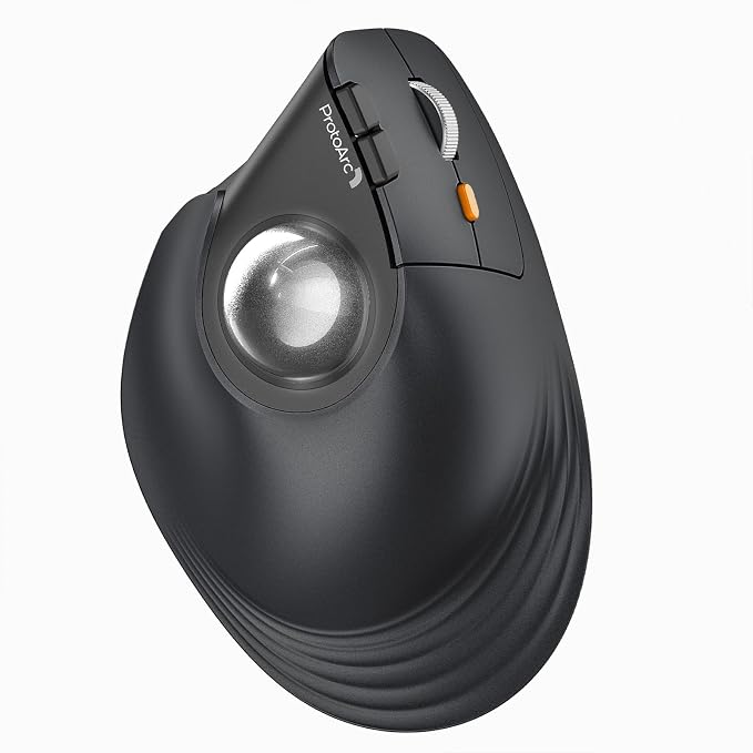 ProtoArc Wireless Trackball Mouse, EM05 NL Vertical Bluetooth Ergonomic Rollerball Thumb Mouse Rechargeable Laptop Mice, 3 Device Connection, Compatible with iPad, Mac, Windows-Silver